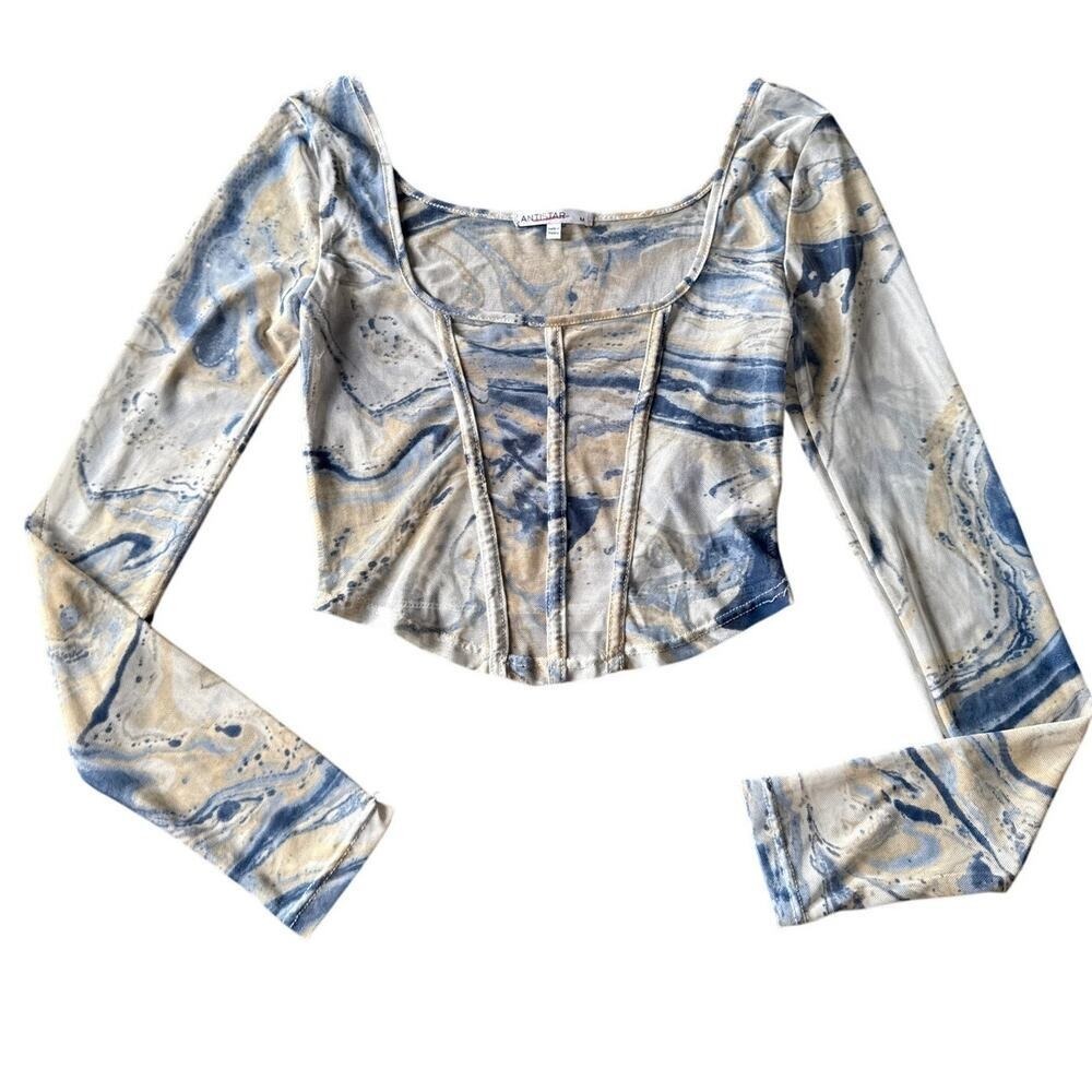 Antistar Women Y2K Mesh Corset Top Long Sleeve Size M Blue Marble Print  Retro